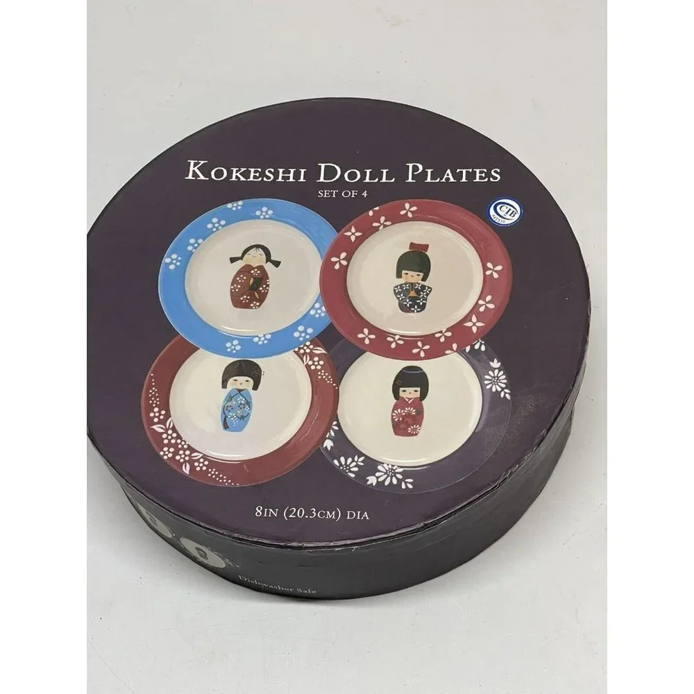 World Market set of 4 Kokeshi Doll Plates 8 Inch In Box